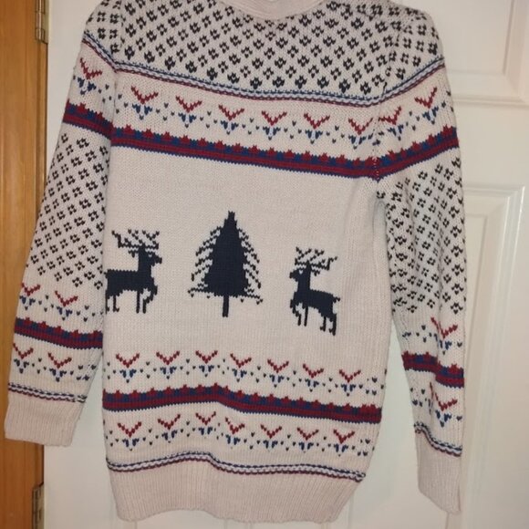 Tres Chic: Christmas/Holyday cream, blue & red sweater. Size small. - Picture 3 of 3